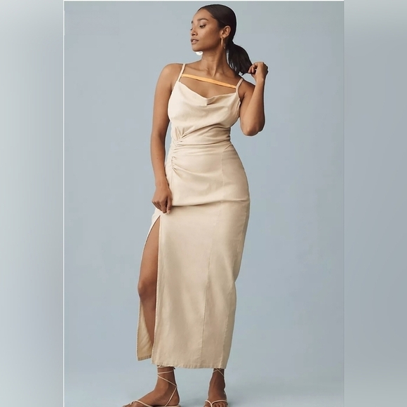 Anthropologie Ruched Slim Midi Dress with Tie Back in Khaki and Orange NWT - Picture 2 of 16